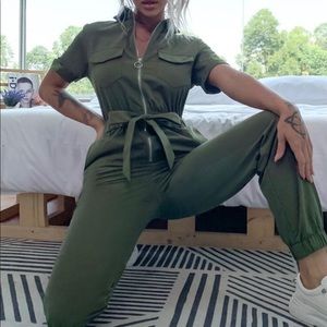 Eilly Bazar Zip Front Tie Waist Shirt Jumpsuit